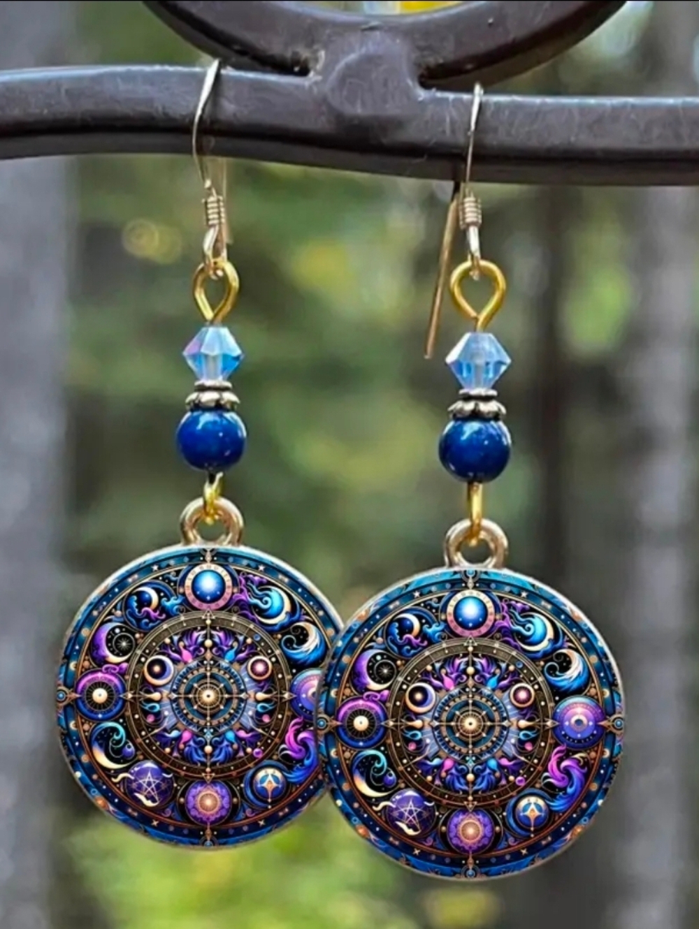 ASTROLOGY PHASES OF THE MOON Drop Earrings. Purple And Blue. - Picture 6 of 7
